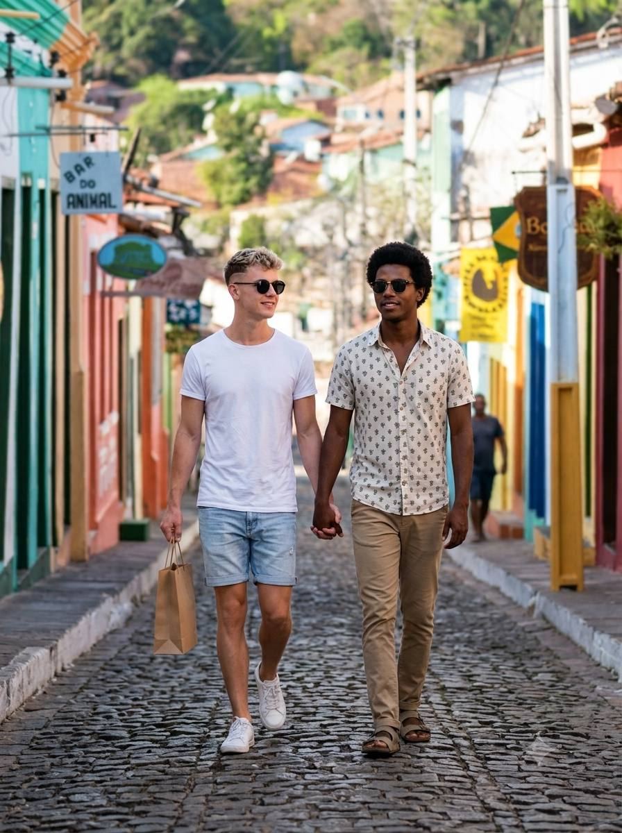Casal se hospedando na Pousada Solar Azul, passeando pelo centro histórico de Lençóis
